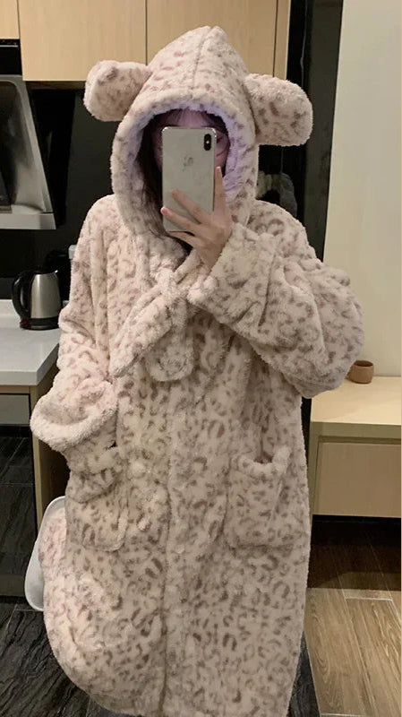 Peignoir de bain femme animal mi long-flanelle-coton-polyester-capuche-motif-animal-manche-longue-epais-lmi-mollet-absorbant-moelleux-hiver-confortable-automne-printemps-marron-beige