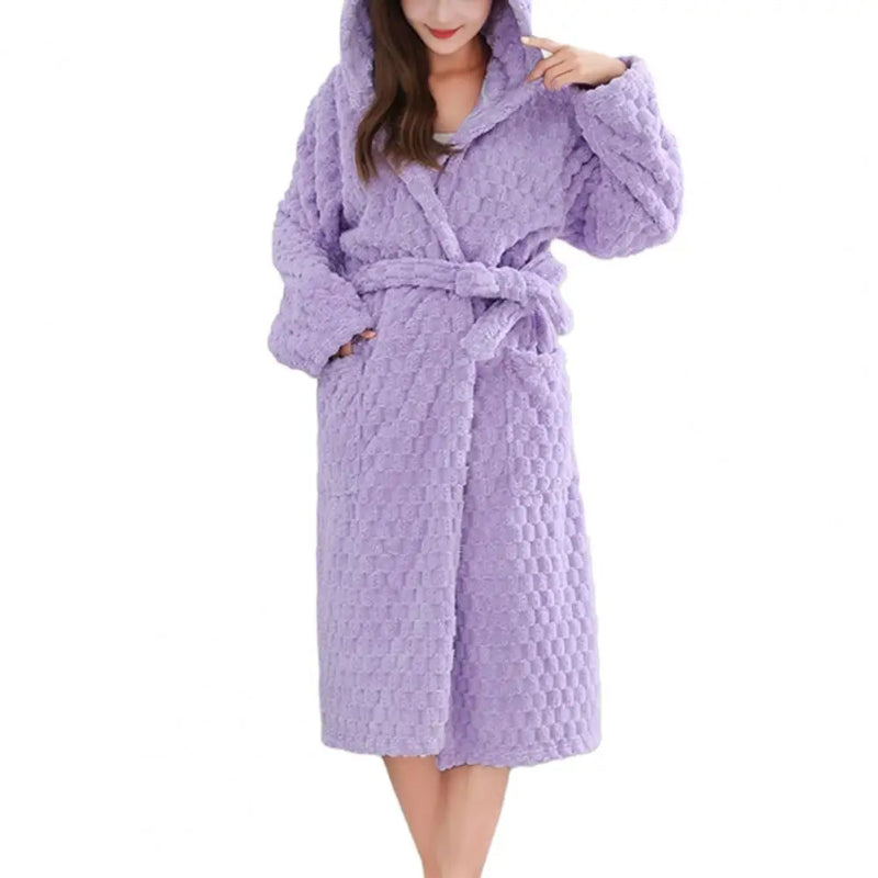 Peignoir de bain femme capuche éponge-flanelle-corail-capuche-manche-longue-epais-mi-mollet-moelleux-hiver-confortable-printemps-automne-violet
