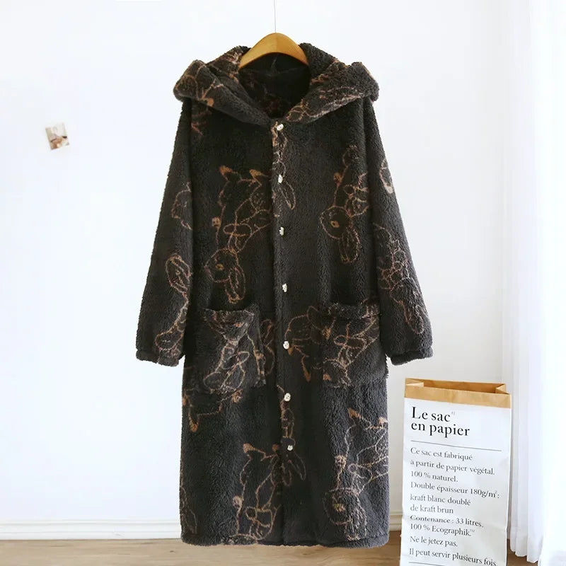 Peignoir de bain femme fantaisie-flanelle-polyester-capuche-forme-animale-motif-animal-manche-longue-mi-genou-epais-absorbant-hiver-moelleux--confortable-marron-blanc