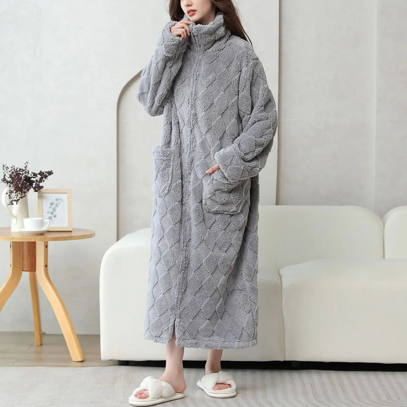 Peignoir de bain femme luxe-laine-polyester-manche-longue-epais-mi-mollet-col-chale-absorbant-moelleux-confortable-printemps-automne-hiver-gris