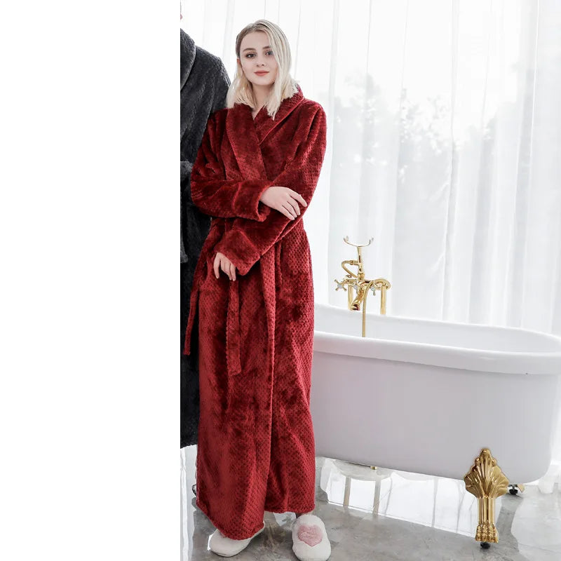 Peignoir_de_bain_femme_moderne-flanelle-col-chale-manche-longue-epais-manche-mi-mollet-hiver-moelleux-confortable-personnalisable-bordeaux