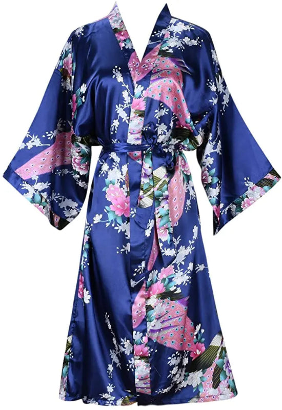 Peignoir de bain femme multicolore-fausse-motif-floral-kimono-soie-manche-trois-quarts-mi-mollet-ete-satin-printemps-bleu-rose-blanc
