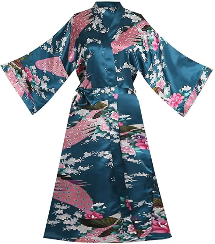 Peignoir de bain femme multicolore-fausse-motif-floral-soie-kimono-manche-trois-quarts-mi-mollet-ete-satin-printemps-bleu-rose-blanc