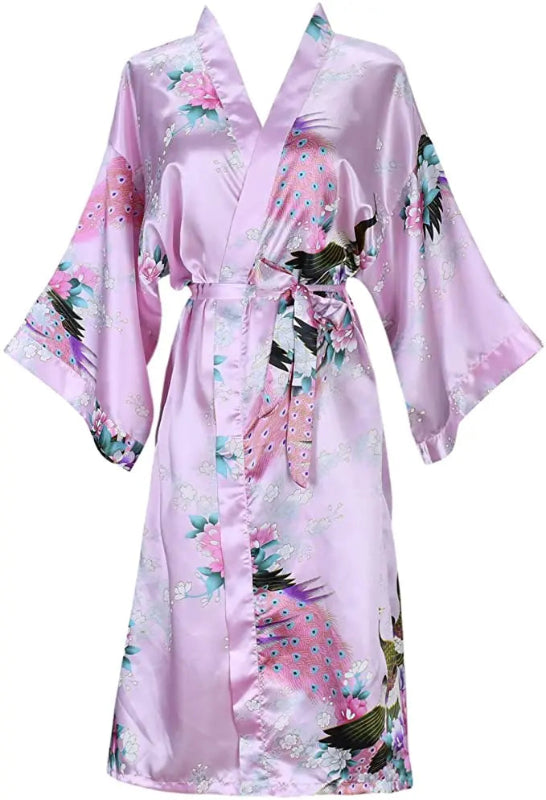 Peignoir de bain femme multicolore-fausse-motif-floral-soie-kimono-manche-trois-quarts-mi-mollet-ete-satin-printemps-bleu-rose