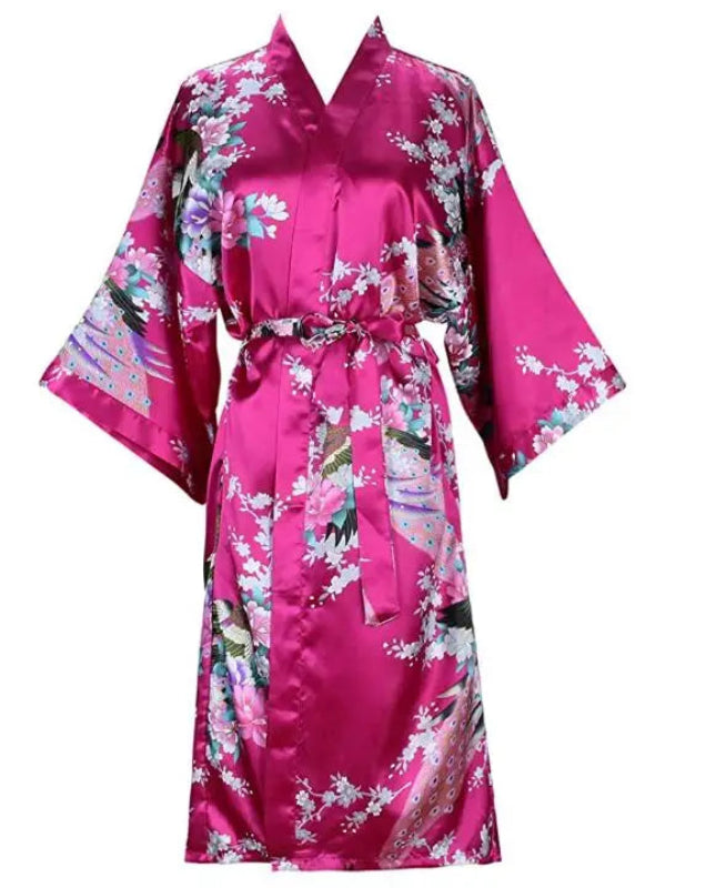 Peignoir de bain femme multicolore-fausse-motif-floral-soie-kimono-manche-trois-quarts-mi-mollet-ete-satin-printemps-rose-blanc