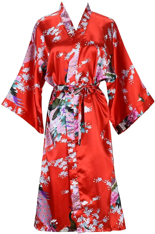 Peignoir de bain femme multicolore-fausse-motif-floral-soie-kimono-manche-trois-quarts-mi-mollet-ete-satin-printemps-rouge-blanc-rose