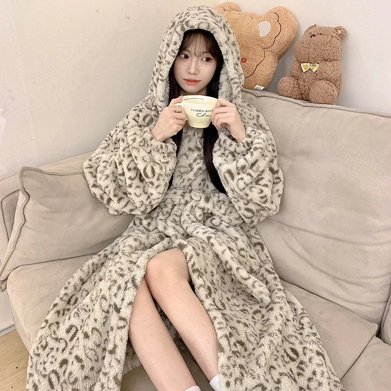 Peignoir de bain femme polaire capuche-polyester-coral-coton-capuche-manche-longue-longueur-cheville-epais-motif-animal-hiver-absorbant-capuche-moelleux-confortable-beige-gris