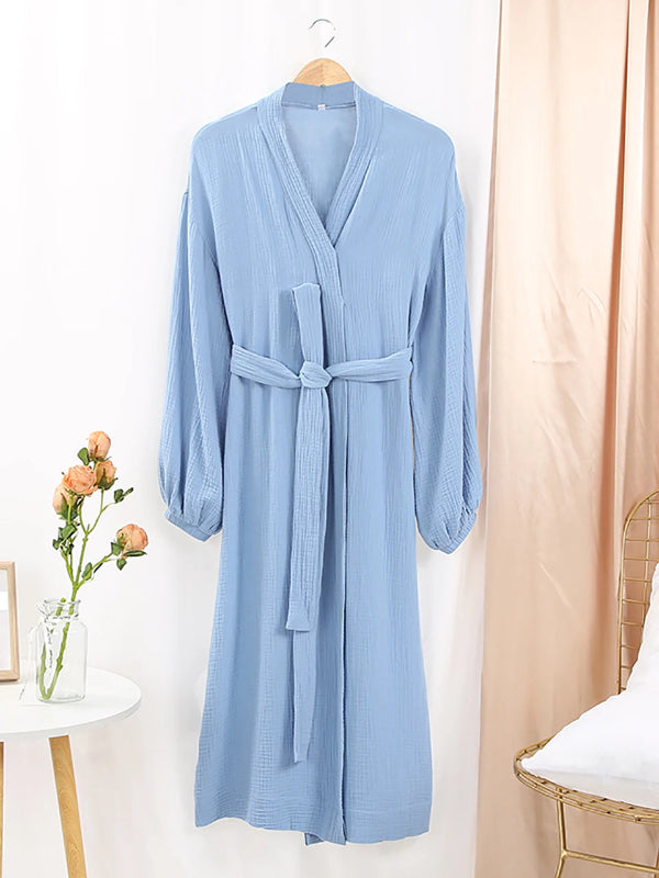 Peignoir de bain femme solde-coton-manche-longue-mi-mollet-col-chale-absorbant-printemps-automne-ete-bleu-ciel
