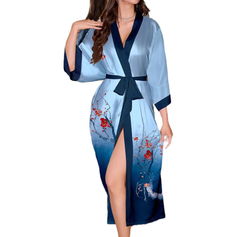 Peignoir de bain femme turquoise-polyester-satiné-manche-longue-mi-mollet-motif-floral-absorbant-printemps-leger-col-chale-ete-bleu-ciel