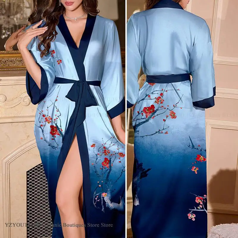 Peignoir de bain femme turquoise-polyester-satiné-manche-longue-mi-mollet-motif-floral-ete-absorbant-printemps-leger-col-chale-bleu-ciel