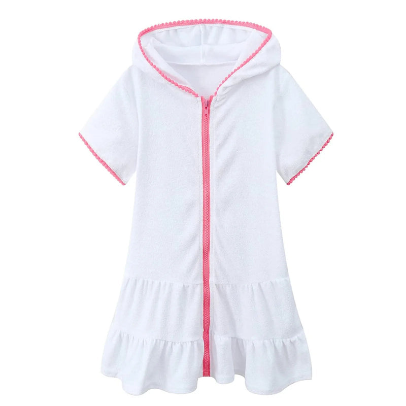 Peignoir de bain fille 8 ans avec fermeture eclair-coton-peigne-capuche-absorbant-été-printemps-manche-courte-mi-cuisse-rose-blanc
