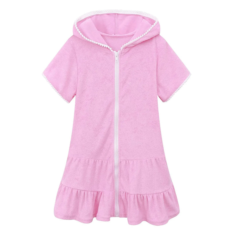 Peignoir de bain fille 8 ans avec fermeture eclair-coton-peigne-capuche-absorbant-été-printemps-manche-courte-mi-cuisse-rose