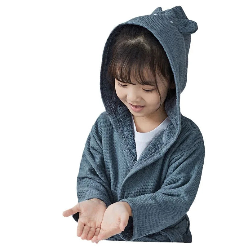Peignoir de bain fille avec capuche-capuche-motif-animal-absorbant-moelleux-confortable-mi-cuisse-bleu-gris