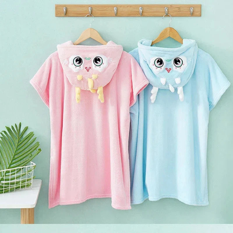 Peignoir de bain fille doux-coton-polyester-sans-manche-mi-genoux-absorbant-moelleux-confortable-bleu-rose