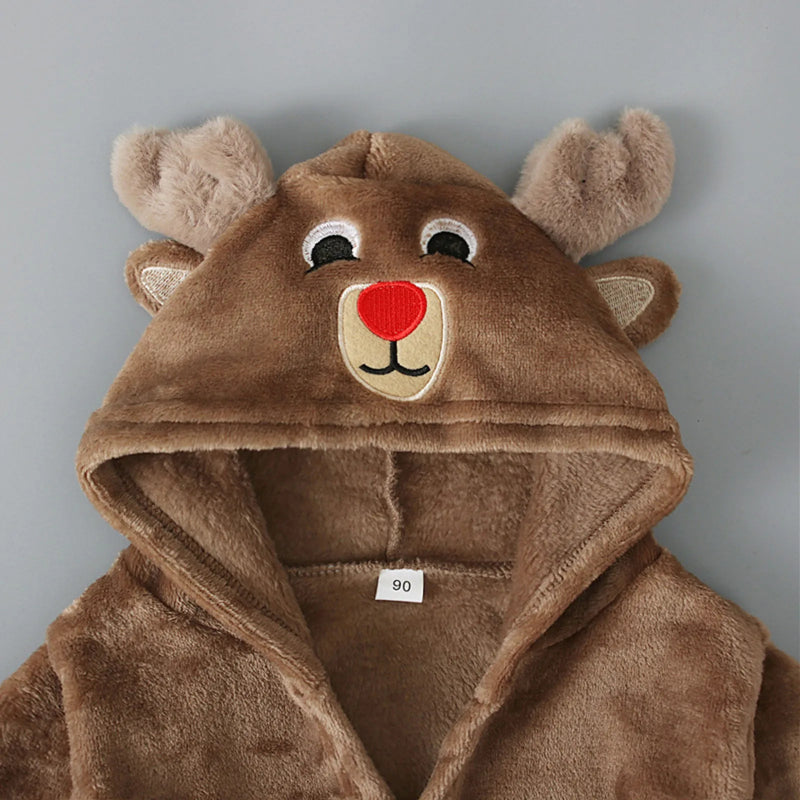 Peignoir de bain garçon 6 ans-flanelle-polyester-capuche-hiver-motif-animal-printemps-epais-absorbant-marron