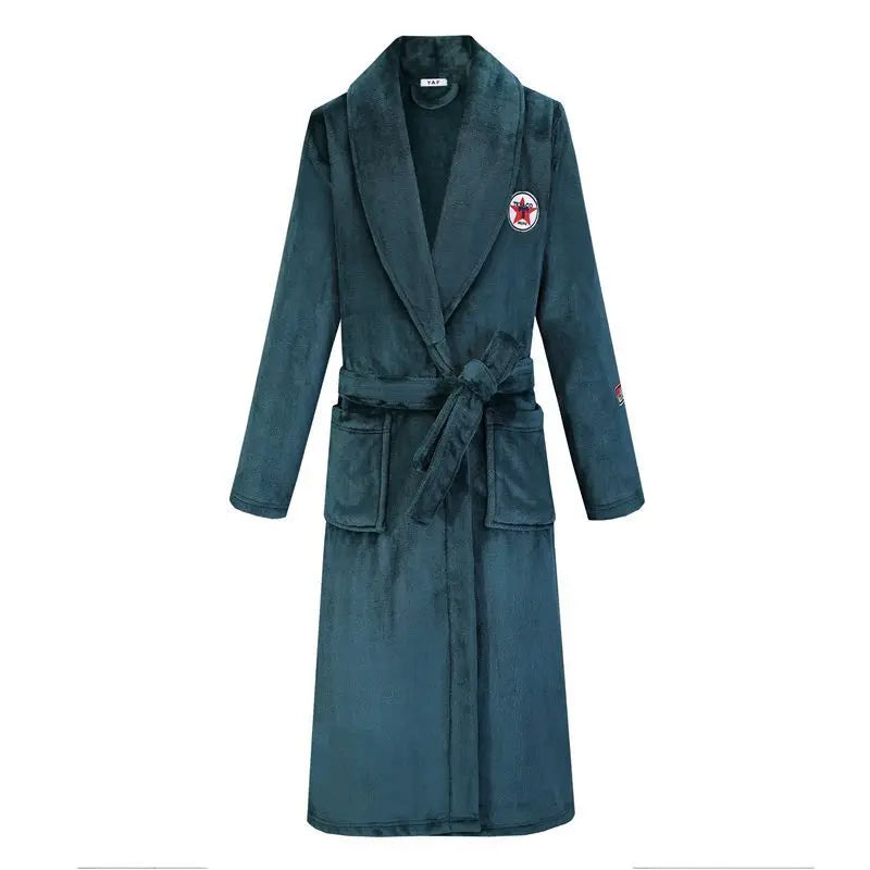 Peignoir de bain grande taille homme-flanelle-polyester-hiver-col-chale-epais-manche-longue-longueur-cheville-femme-homme-absorbant-bleu-marine
