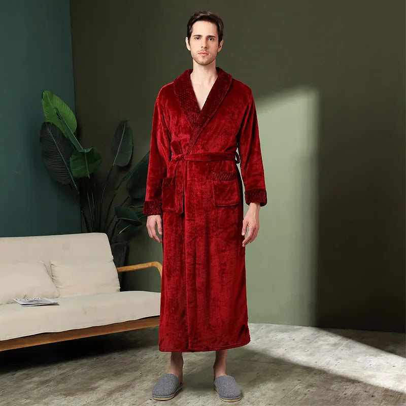 Peignoir de bain grande taille homme-flanelle-polyester-hiver-col-chale-epais-manche-longue-longueur-cheville-femme-homme-absorbant-bordeaux