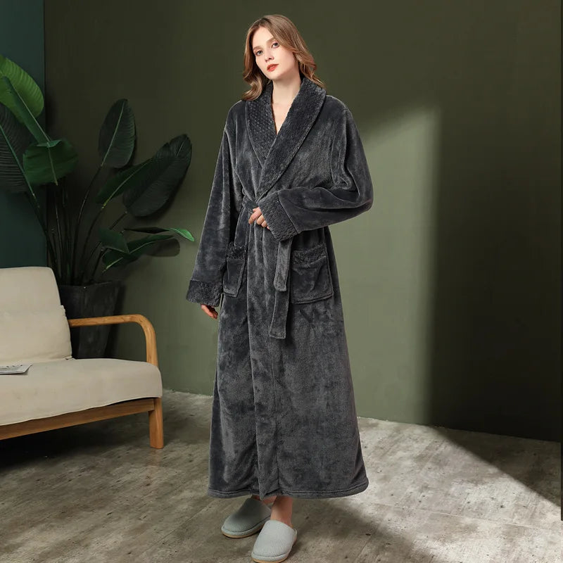 Peignoir de bain grande taille homme-flanelle-polyester-hiver-epais-col-chale-manche-longue-longueur-cheville-femme-homme-absorbant-noir