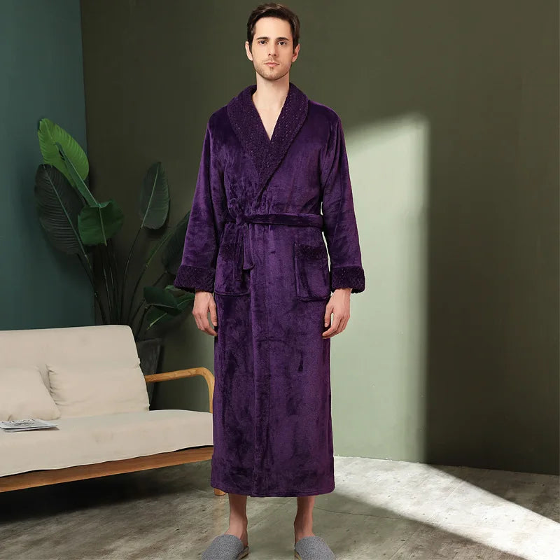 Peignoir de bain grande taille homme-flanelle-polyester-hiver-epais-col-chale-manche-longue-longueur-cheville-femme-homme-absorbant-violet