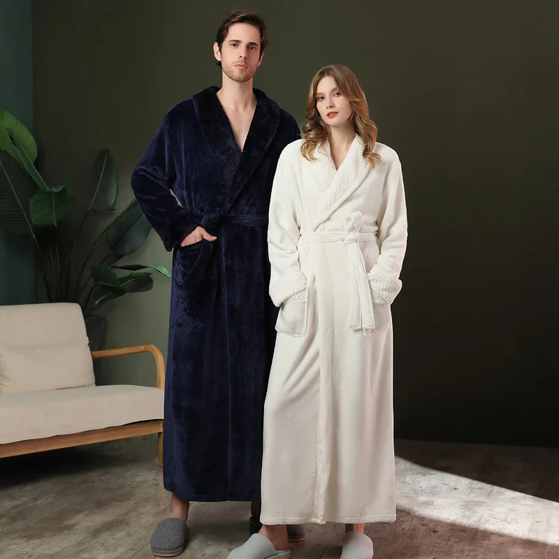 Peignoir de bain grande taille homme-flanelle-polyester-hiver-epais-col-chale-manche-longue-longueur-cheville-homme-femme-absorbant-blanc