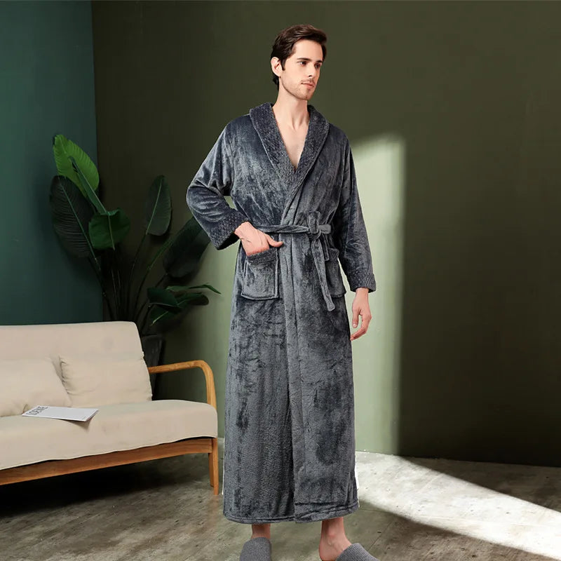 Peignoir de bain grande taille homme-flanelle-polyester-hiver-epais-col-chale-manche-longue-longueur-cheville-homme-femme-absorbant-gris