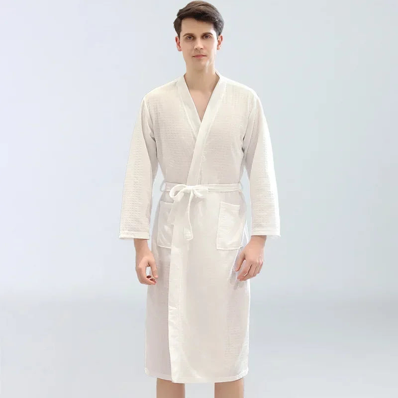 Peignoir de bain haut de gamme garçon-polyester-col-chale-manche-longue-mi-mollet-epaisseur-normale-été-automne-printemps-absorbant-blanc