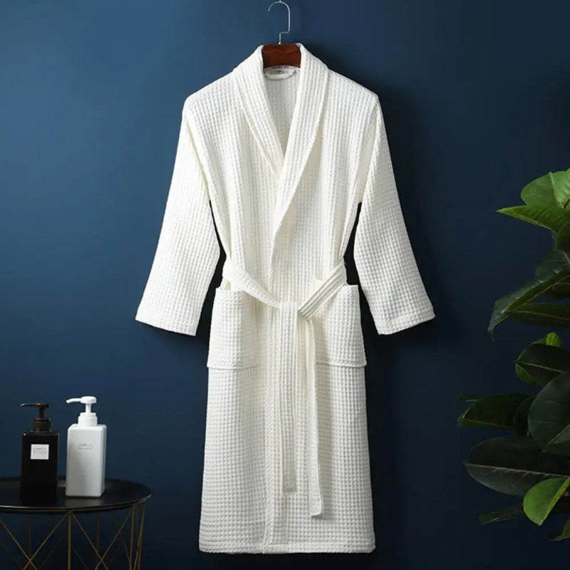 Peignoir de bain haute couture-coton-confortable-doux-manche-longue-mi-mollet-col-chale-hiver-epais-blanc