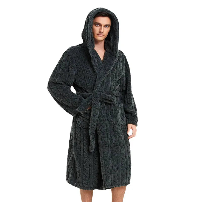 Peignoir de bain homme coton-col-chale-manche-longue-mi-mollet-capuche-hiver-absorbant-noir