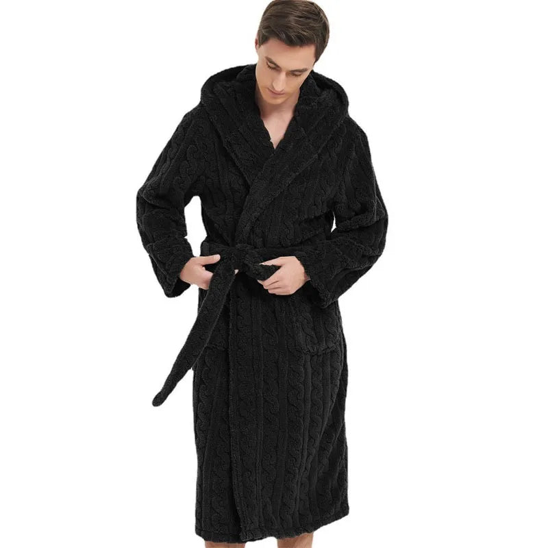 Peignoir de bain homme coton-col-chale-manche-longue-mi-mollet-capuche-hiver-noir