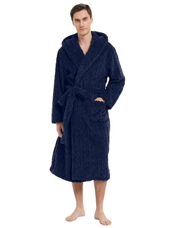 Peignoir de bain homme coton-col-chale-manche-longue-mi-mollet-hiver-absorbant-bleu-foncé
