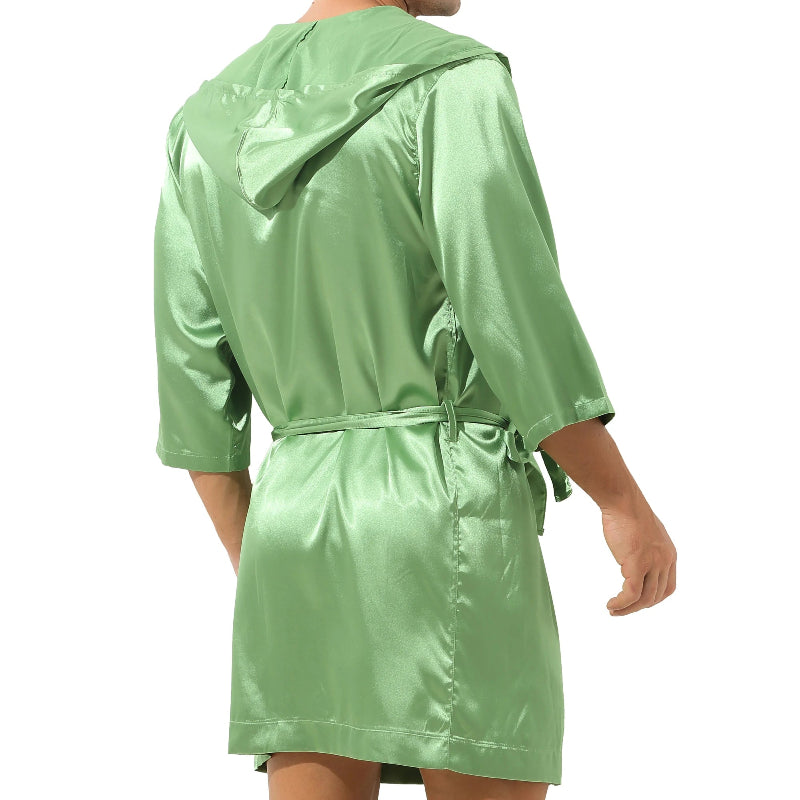 Peignoir de bain homme court capuche-polyester-satiné-absorbant-manche-trois-quarts-été-vert
