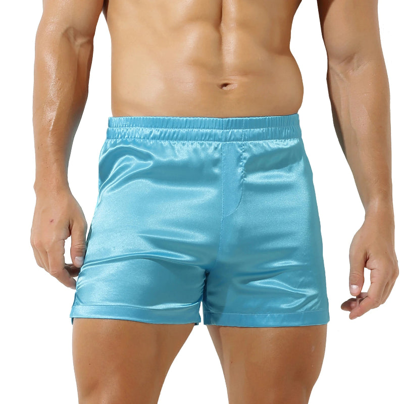 Peignoir de bain homme court capuche-polyester-satiné-absorbant-mi-cuisse-culotte-bleu