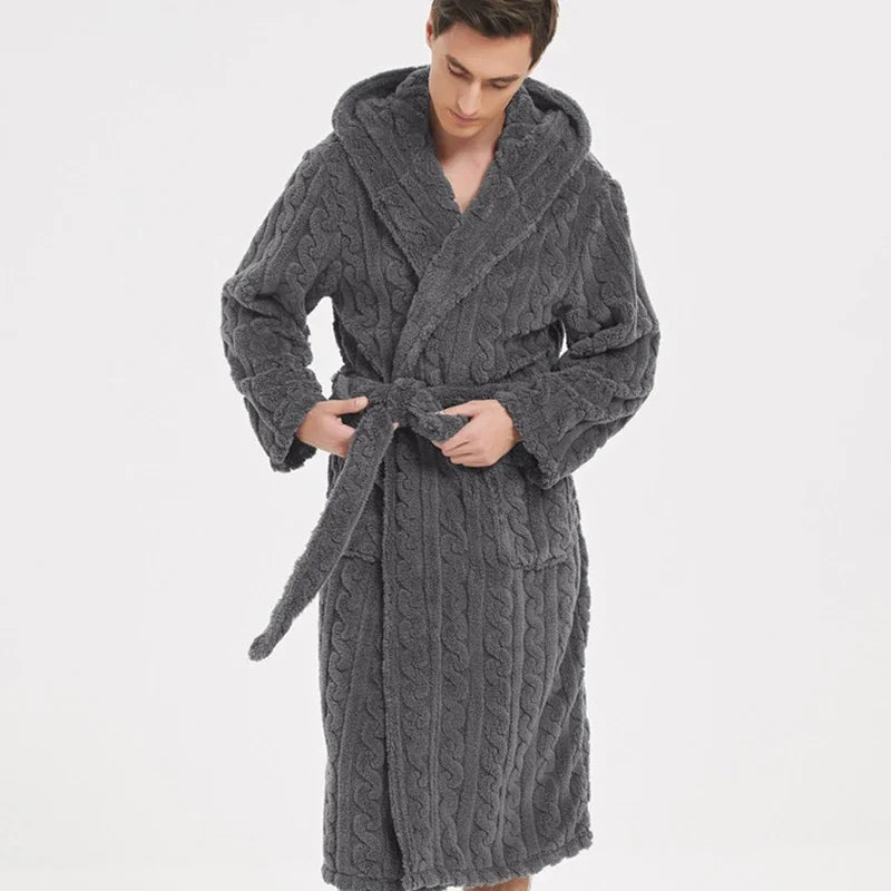 Peignoir de bain homme en éponge-flanelle-polyester-capuche-gris