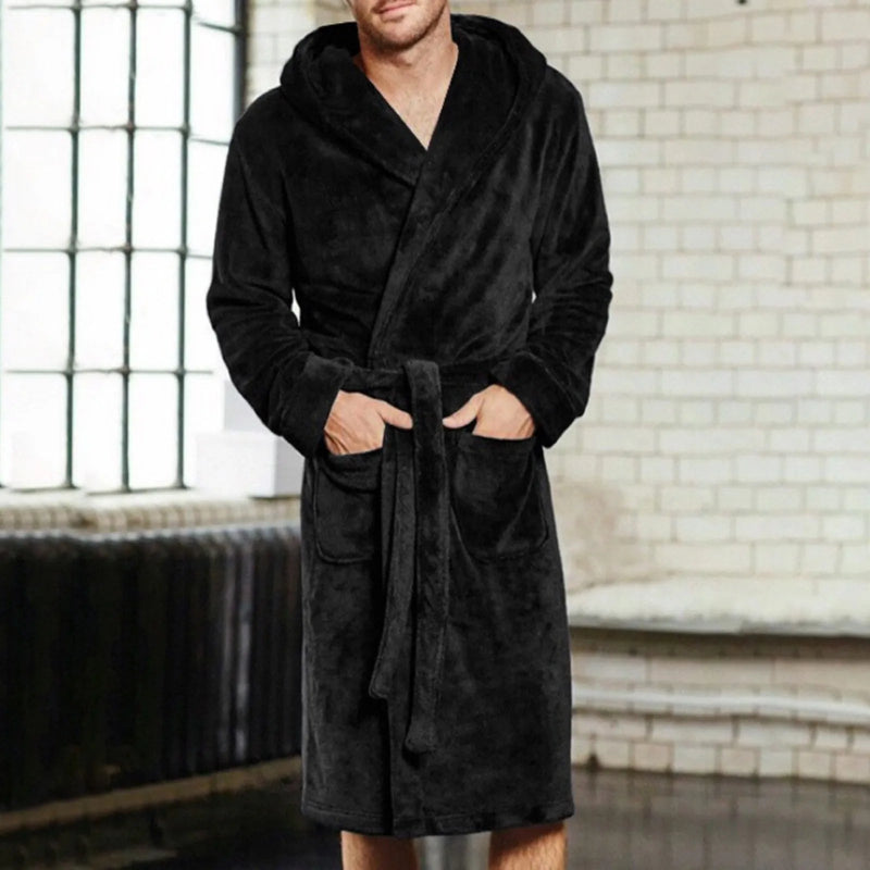 Peignoir de bain homme gris-polyester-coton-hiver-absorbant-noir