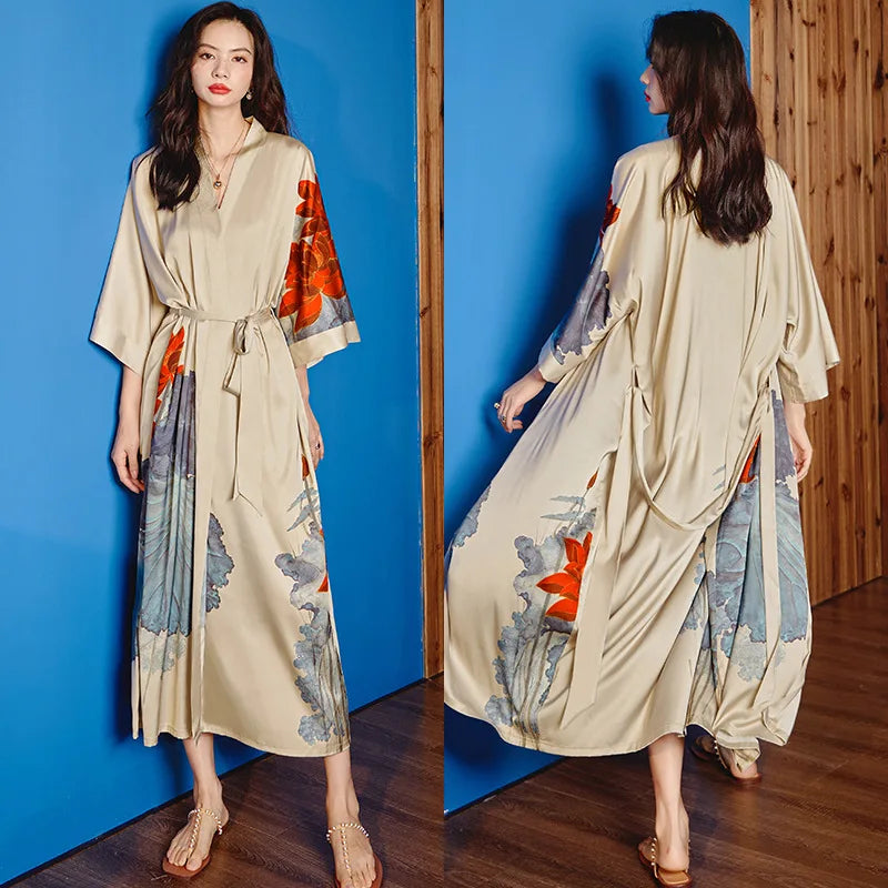 Peignoir_de_bain_satin_femme-fausse-soie-polyester-satin-motif-imprime-floral-col-V-absorbant-moelleux-doux-léger-confortable-mi-mollet-manche-longue-printemps-automne-été-beige-rouge-bleu