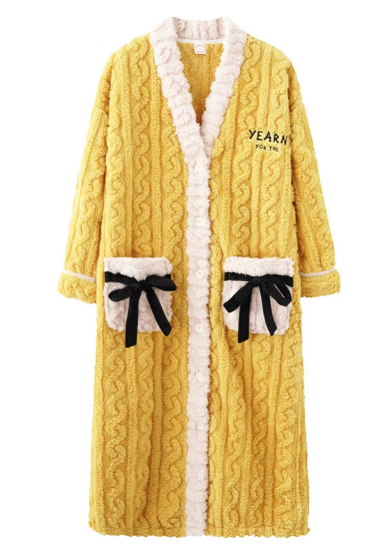 peignoir_de_bain_en_éponge_bouton-col-châle-manche-longue-absorbant-mi-mollet-moelleux-confortable-printemps-hiver-épais-jaune-blanc