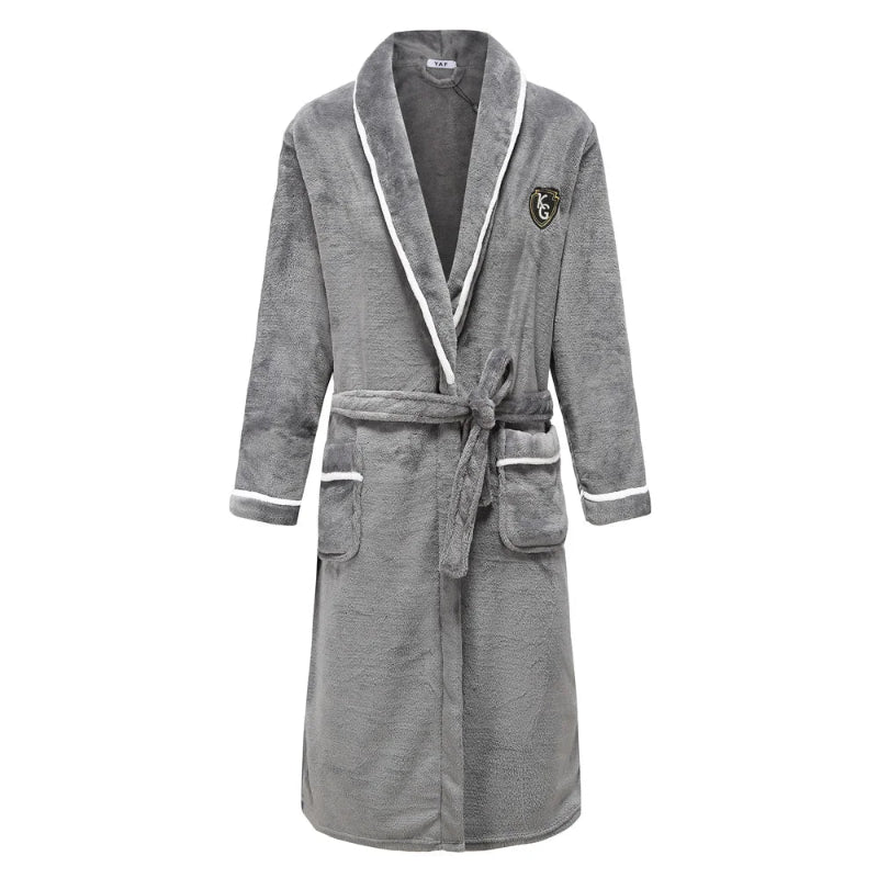 Peignoir_bain_de_mousse_homme-Flanelle_non-tissée_homme-col_V-rayé-manches_longues-col-châle-mi-mollet-épais-absorbant-moelleux-confortable-doux-printemps-automne-hiver-gris-blanc