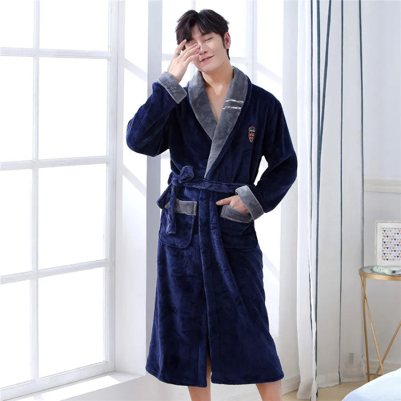Peignoir_bain_de_mousse_homme-Flanelle_non-tissée_homme-col_V-rayé-manches_longues-col-châle-mi-mollet-épais-absorbant-moelleux-confortable-doux-printemps-automne-hiver-gris-bleu