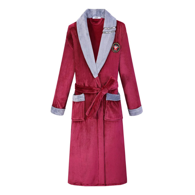 Peignoir_bain_de_mousse_homme-Flanelle_non-tissée_homme-col_V-rayé-manches_longues-col-châle-mi-mollet-épais-absorbant-moelleux-confortable-doux-printemps-automne-hiver-gris-bordeaux