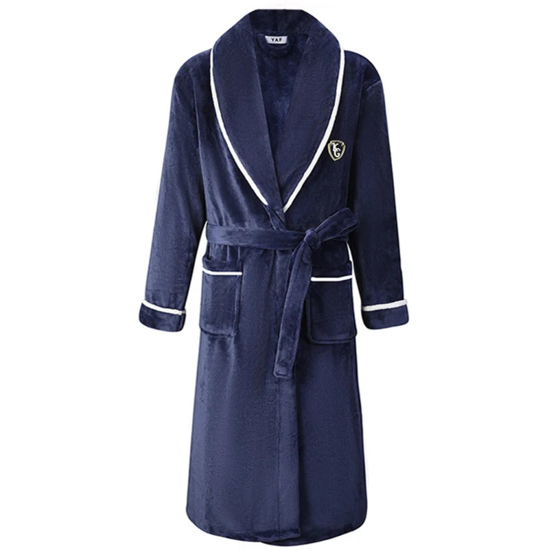 Peignoir_bain_de_mousse_homme-Flanelle_non-tissée_homme-col_V-raye-manches_longues-col-châle-mi-mollet-épais-absorbant-moelleux-confortable-doux-printemps-hiver-automne-bleu marine-blanc