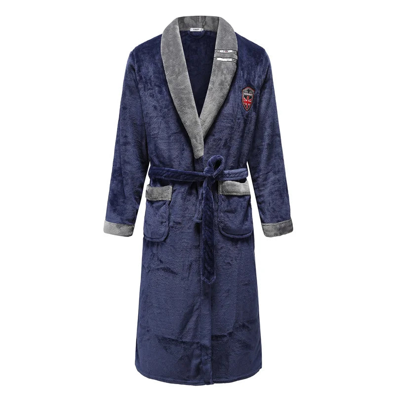 Peignoir_bain_de_mousse_homme-Flanelle_non-tissée_homme-col_V-raye-manches_longues-col-châle-mi-mollet-épais-absorbant-moelleux-confortable-doux-printemps-hiver-automne-bleu marine-gris