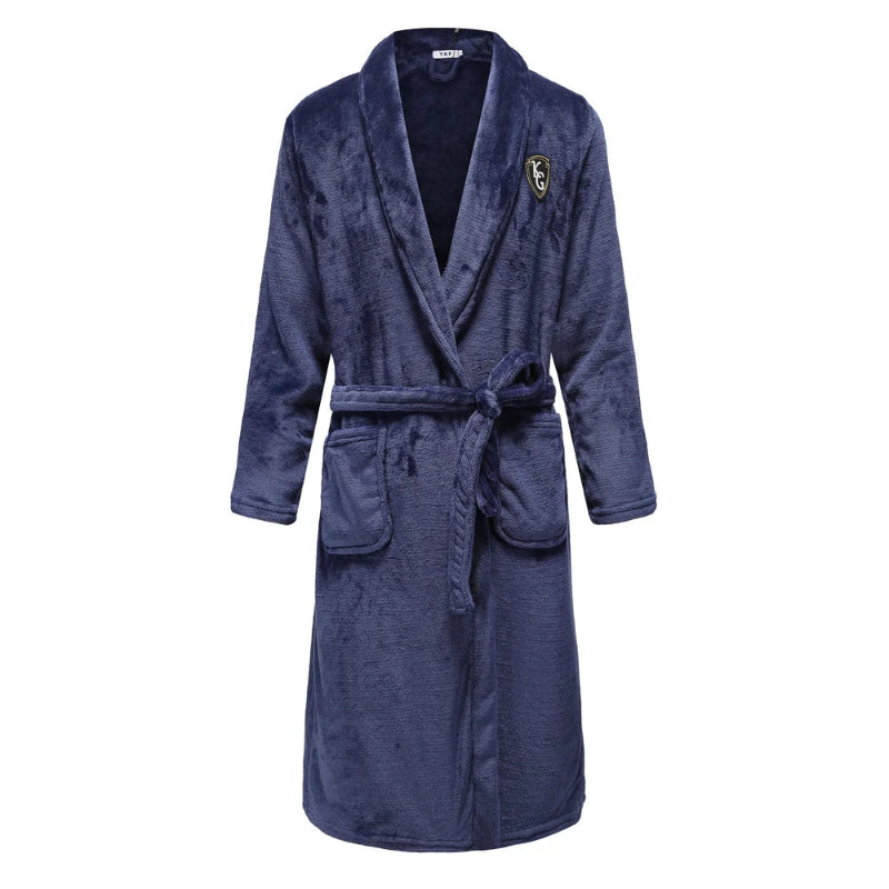 Peignoir_bain_de_mousse_homme-Flanelle_non-tissée_homme-col_V-rayé-manches_longues-col-châle-mi-mollet-epais-absorbant-moelleux-confortable-doux-printemps-hiver-automne-bleu marine
