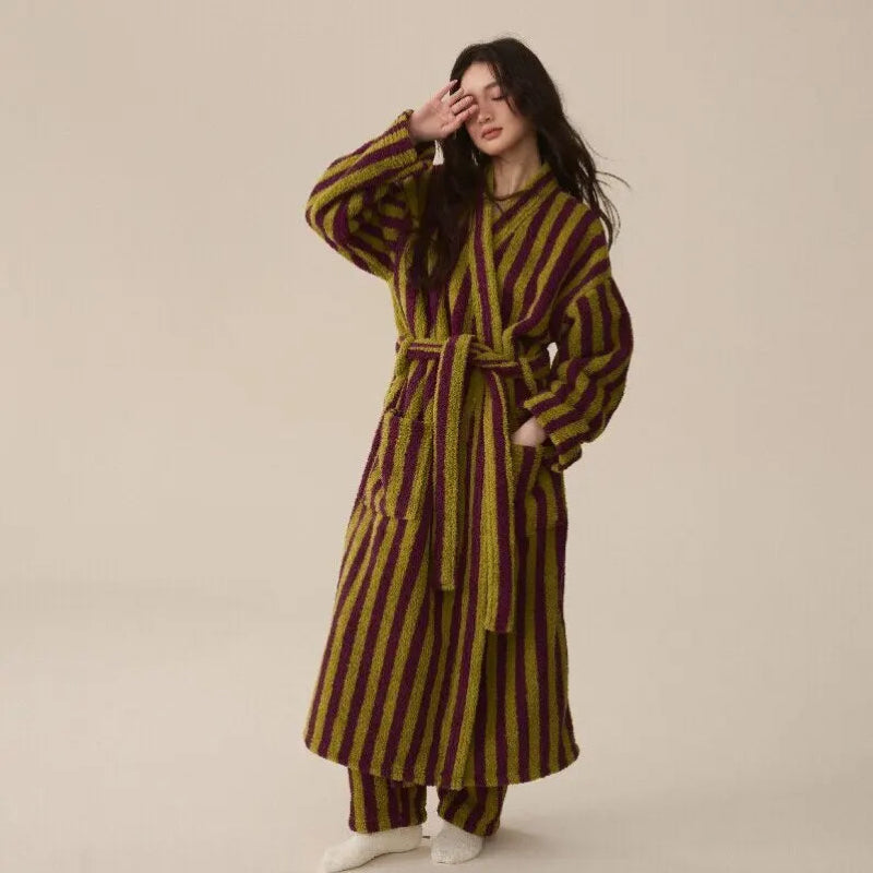 Peignoir_bain_de_mousse_raye-Peignoir et pantalon tricot-flanelle polyester-acrylique-doux-confortable-moelleux-absorbant-printemps-épais-hiver-automne-bordeaux-jaune