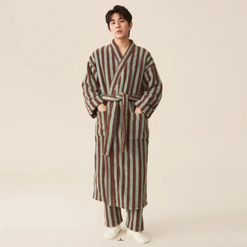 Peignoir_bain_de_mousse_raye-Peignoir et pantalon tricot-flanelle polyester-acrylique-doux-confortable-moelleux-absorbant-printemps-épais-hiver-automne-bordeaux-vert