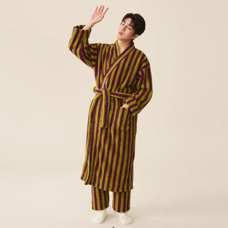 Peignoir_bain_de_mousse_raye-Peignoir et pantalon tricot-flanelle polyester-acrylique-doux-confortable-moelleux-absorbant-printemps-épais-hiver-automne-jaune-bordeaux