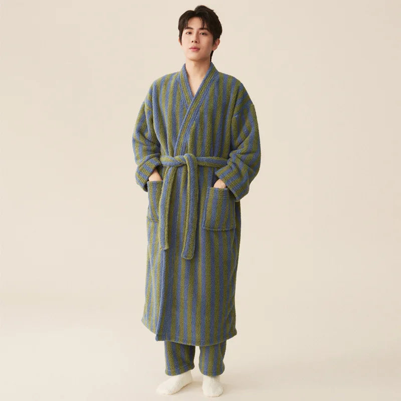 Peignoir_bain_de_mousse_raye-Peignoir_et_pantalon_tricot-flanelle_polyester-acrylique-doux-confortable-moelleux-absorbant-printemps-épais-hiver-automne-jaune-vert