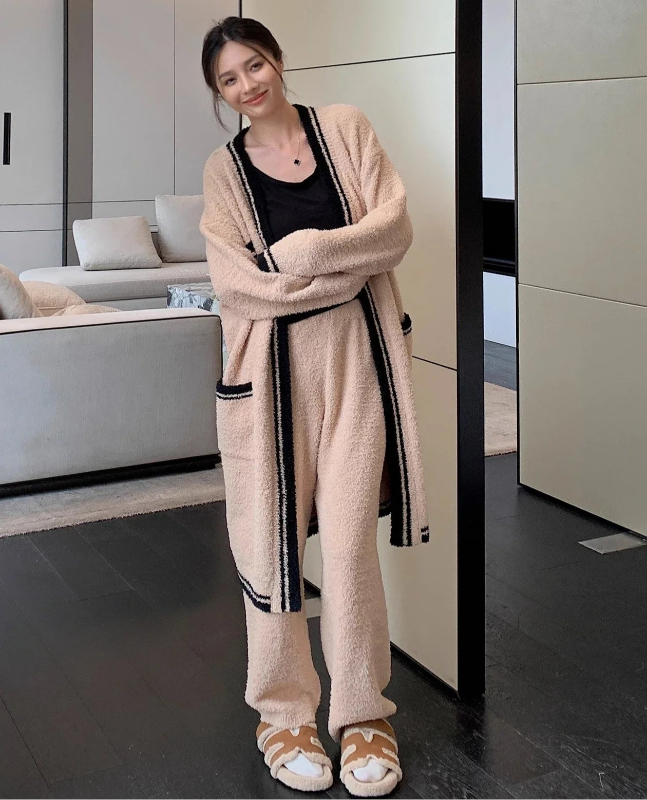 Peignoir_bain_lot_de_2-Robe et Pantalon Mi-Mollet en Non-Tisse épais coton-Polyester rayure élégante-manche longue-pantalon-doux-confortable-moelleux-épais-absorbant-printemps-automne-hiver-beige-noir