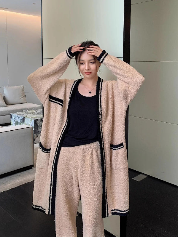 Peignoir_bain_lot_de_2-Robe_et_Pantalon_Mi-Mollet_en_Non-Tisse_épais_coton-Polyester_rayure_élégante-manche_longue-pantalon-doux-confortable-moelleux-épais-absorbant-printemps-automne-hiver-noir-beige
