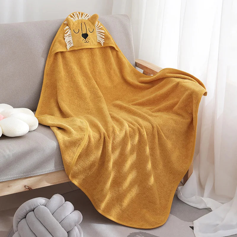 Peignoir bébé de bain — Format carre polyester-coton-capuche animale-éponge-doux-confortable-épais-moelleux-absorbant-printemps-hiver-automne-jaune