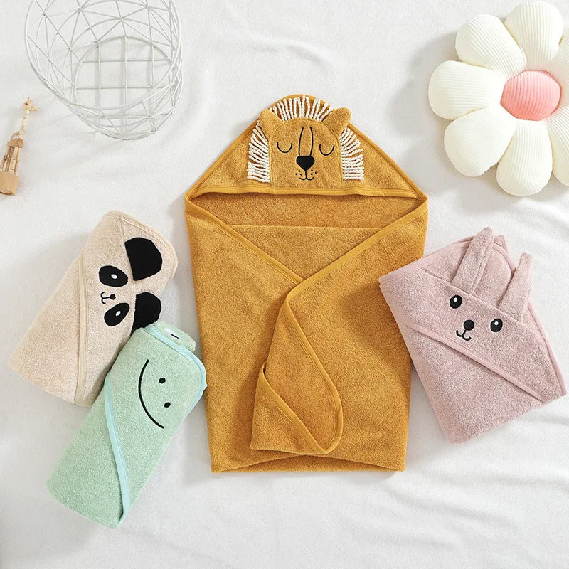 Peignoir bébé de bain — Format carre polyester-coton-capuche animale-éponge-doux-confortable-épais-moelleux-absorbant-printemps-hiver-automne